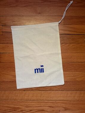 Mii Drawstring Cotton Canvas Duster Beige Tan with Blue Logo Bag 11*15 Shoe Bag